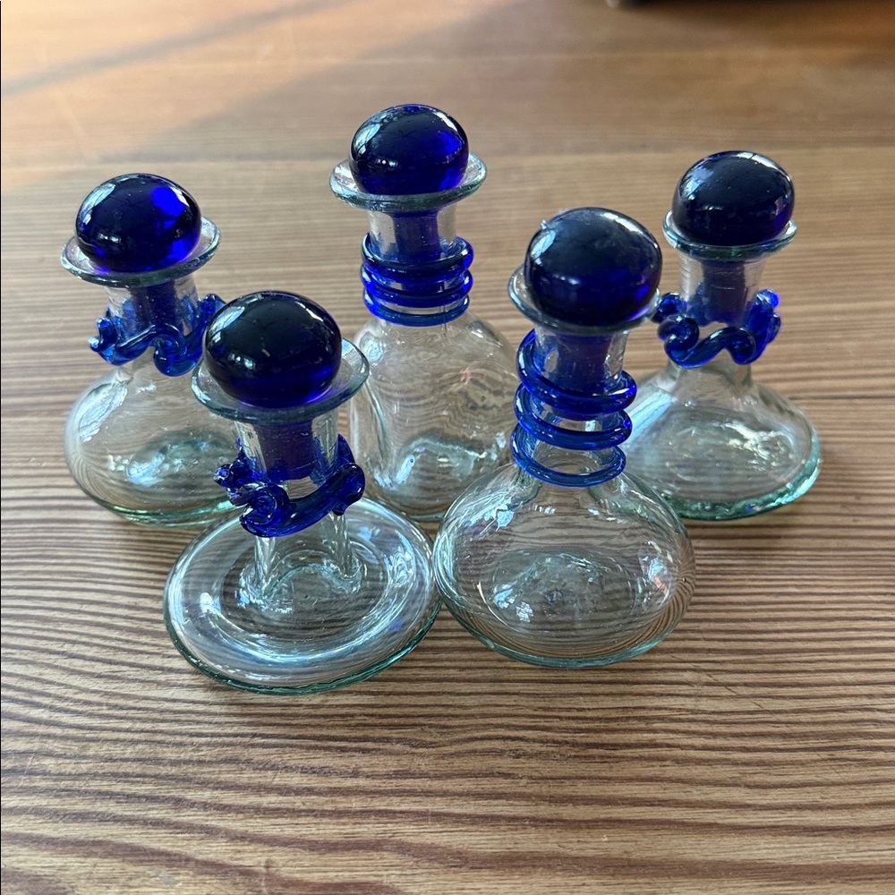 5 Tiny Hand Blown Bottles w/ Cobalt Blue Stoppers & Detail- Each Different